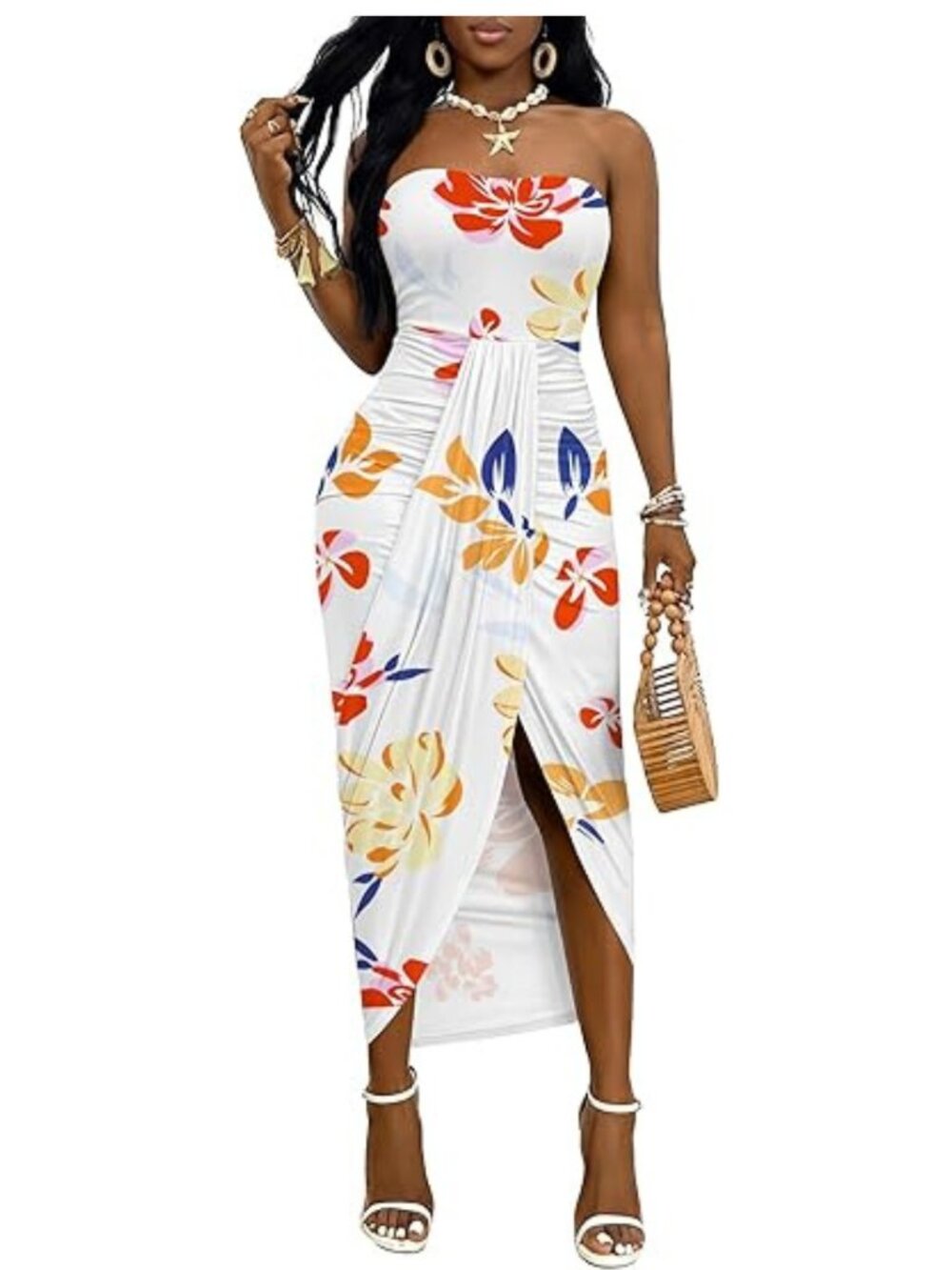 Strapless Ruched Maxi Dress Wrap Asymmetrical Split Beach Elegant Chic